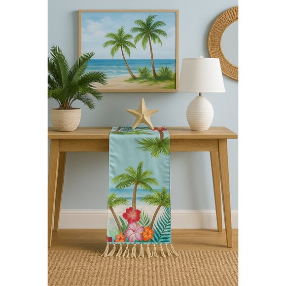 Tropical Palm Tree Table Runner – 36x13 – Blue Hibiscus Beach Scene with Fringe - Picture 4 of 4
